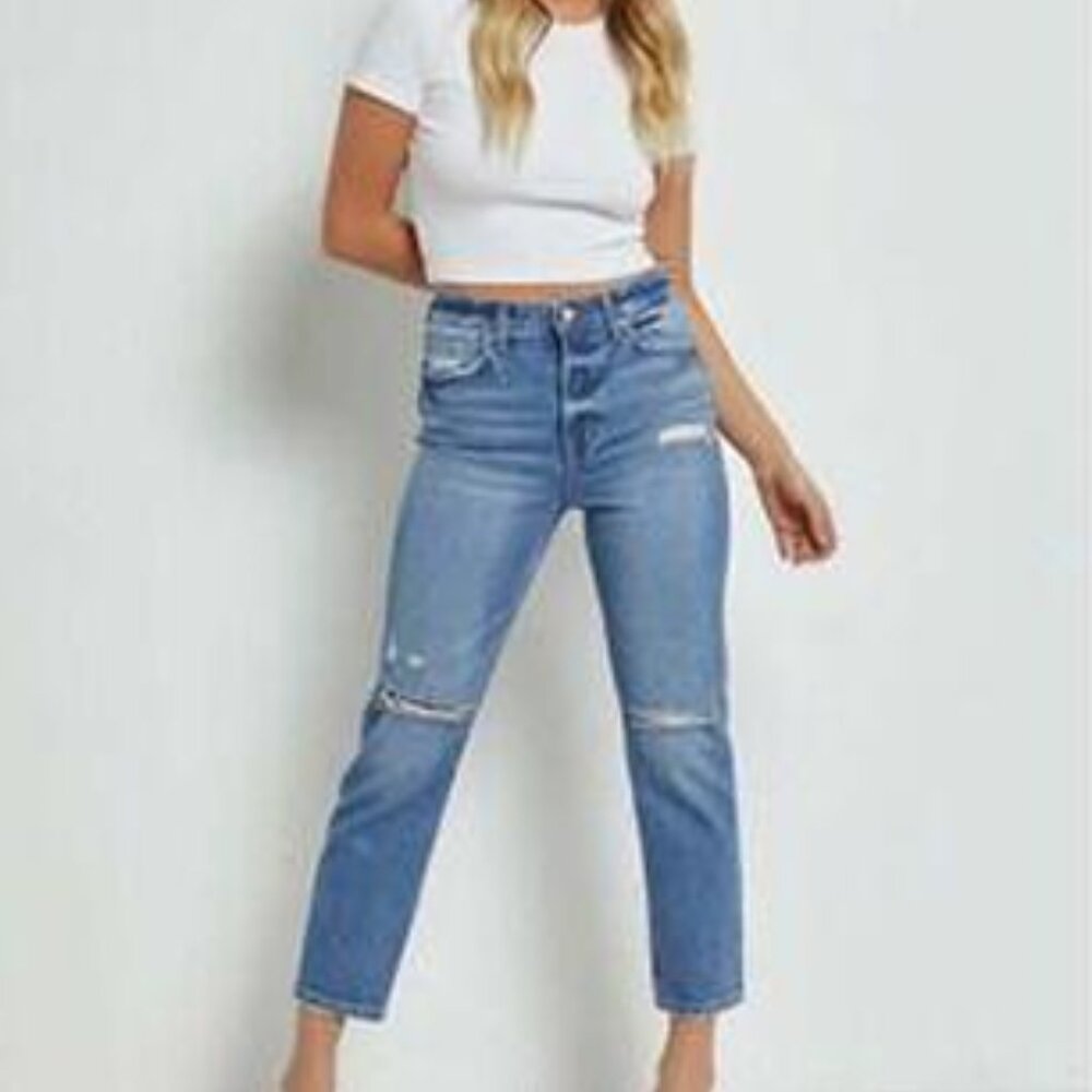 NEW Mica Carignan High Rise Straight Crop Womens‎ Jeans Distressed Denim Size 32